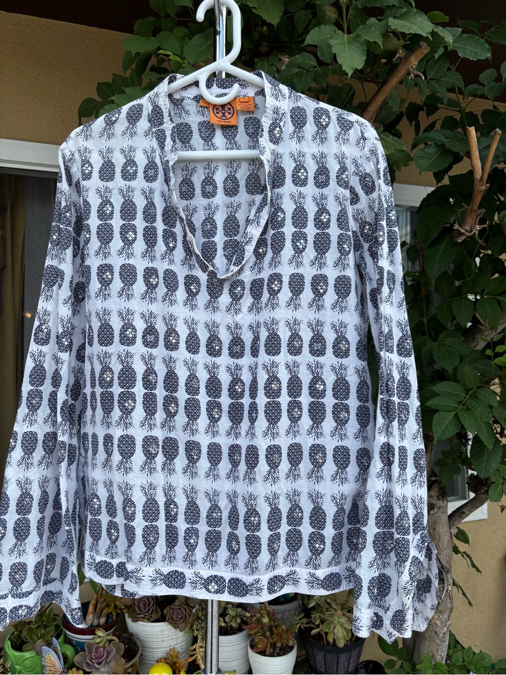 Tory Burch Navy White Pineapple Print Sequins Popover Tunic Top Size 12